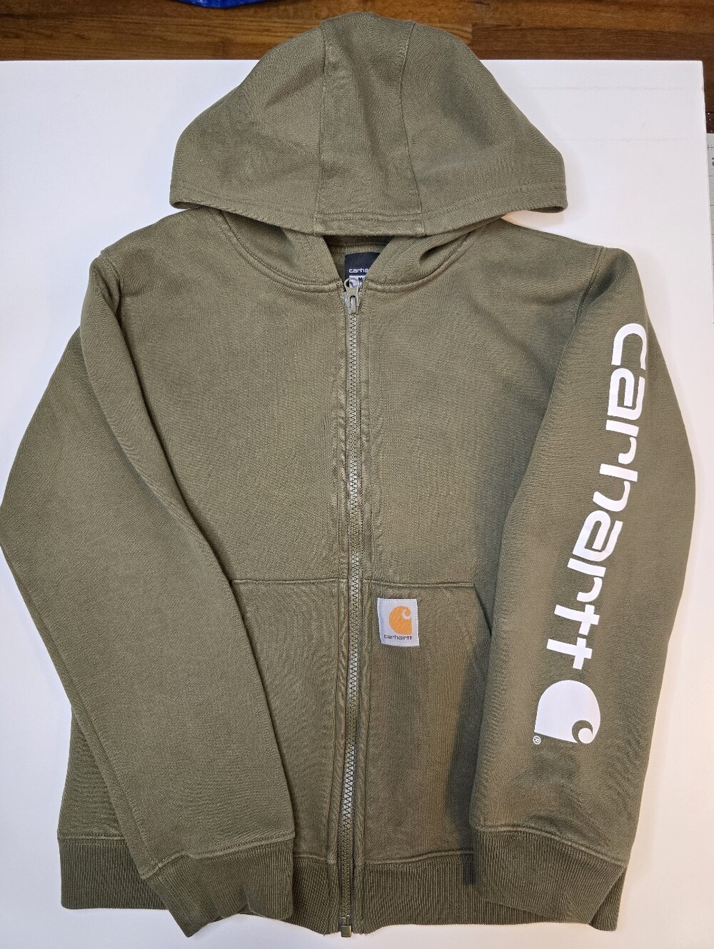 Carhartt Kids Olive Green Zip-Up Hooded Sweatshirt with Logo Sleeve